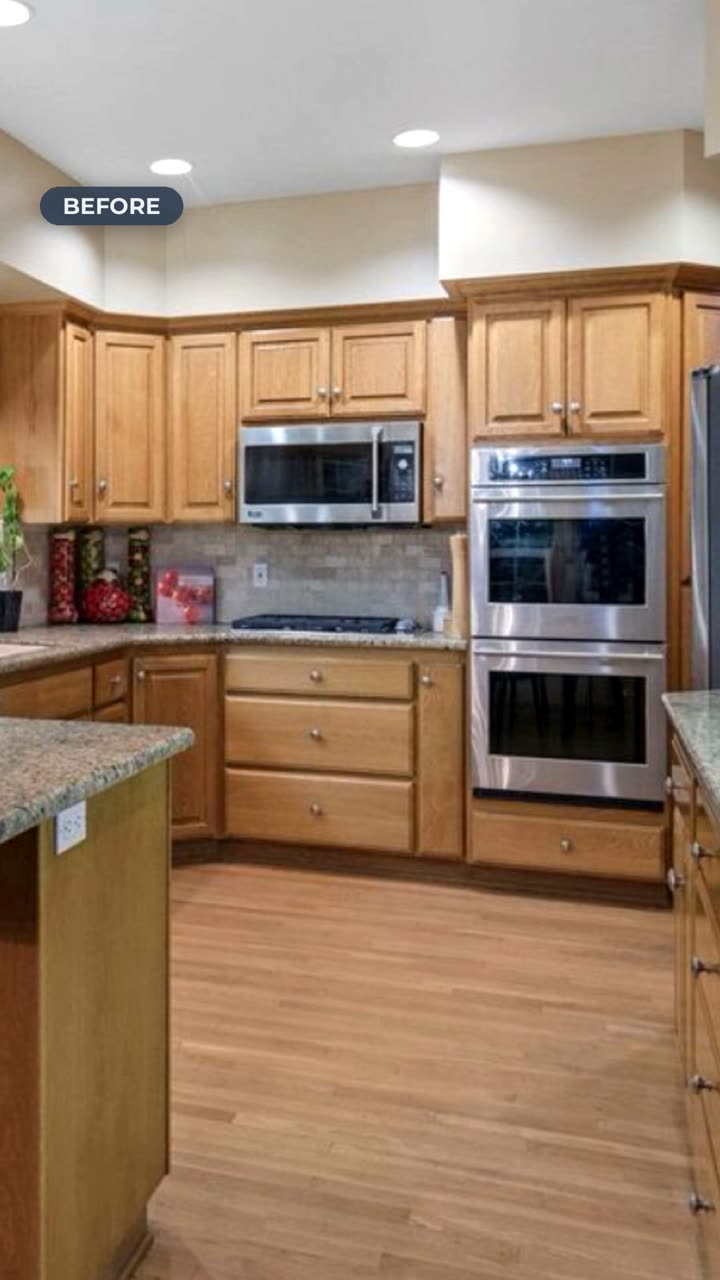 Before: kitchen with dated oak cabinets and granite counters